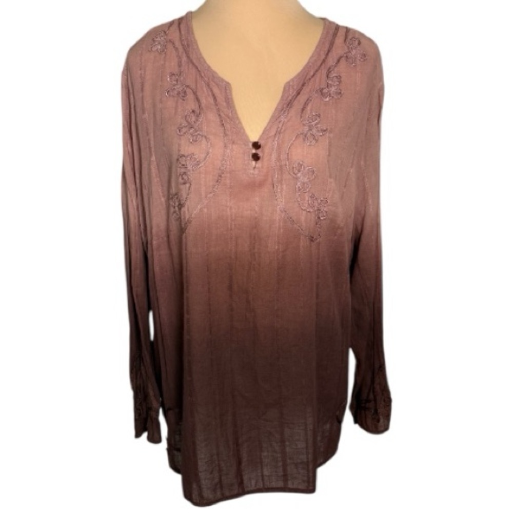 Overdrive Plus Size Mauve Maroon Ombré Embroidered Lightweight Cotton Tunic